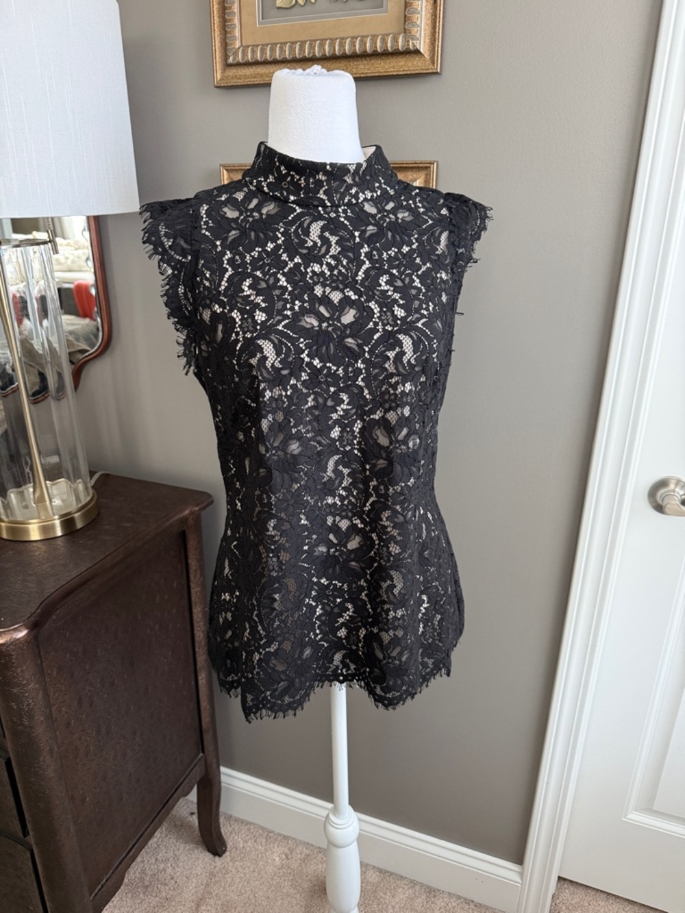 White House Black Market Black Lace Mock Neck Sleeveless Top